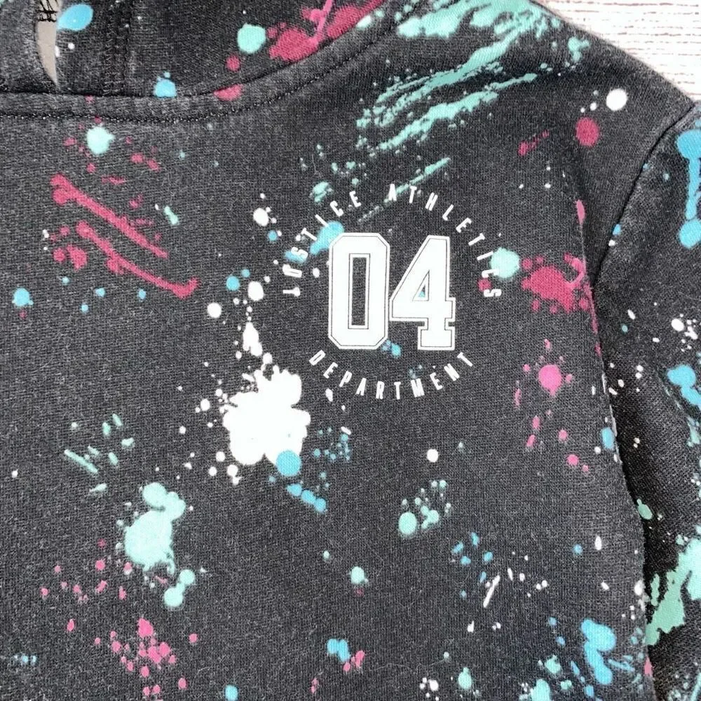 Justice active paint splatter hoodie w/bottom hem drawstring youth girls sz 6